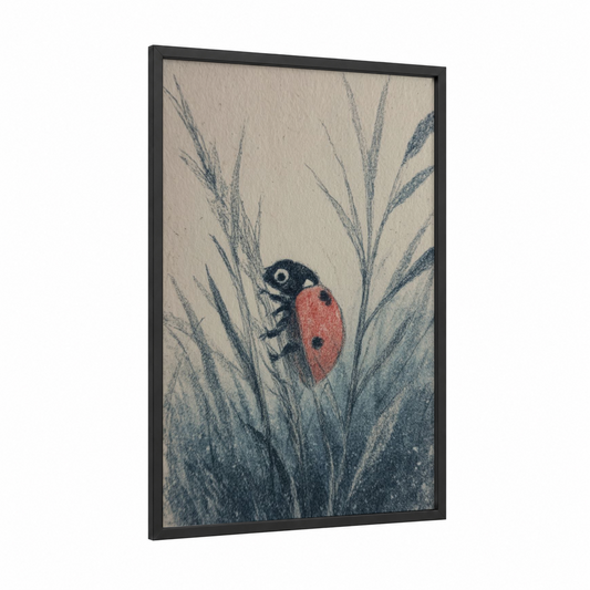 Ladybug Among Grass framed art print — black wood frame — red and gray palette