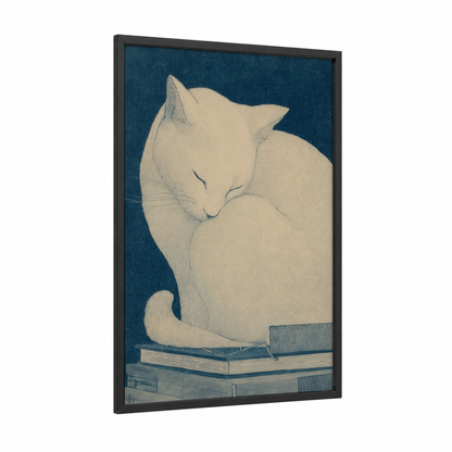 Sleeping Reader framed reading print — black wood frame — dark blue and cream palette