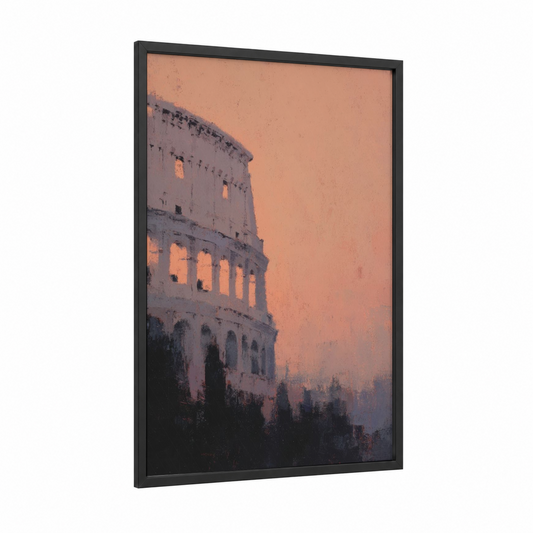 Colosseum Sunrise framed art print — black wood frame — peach and gold palette