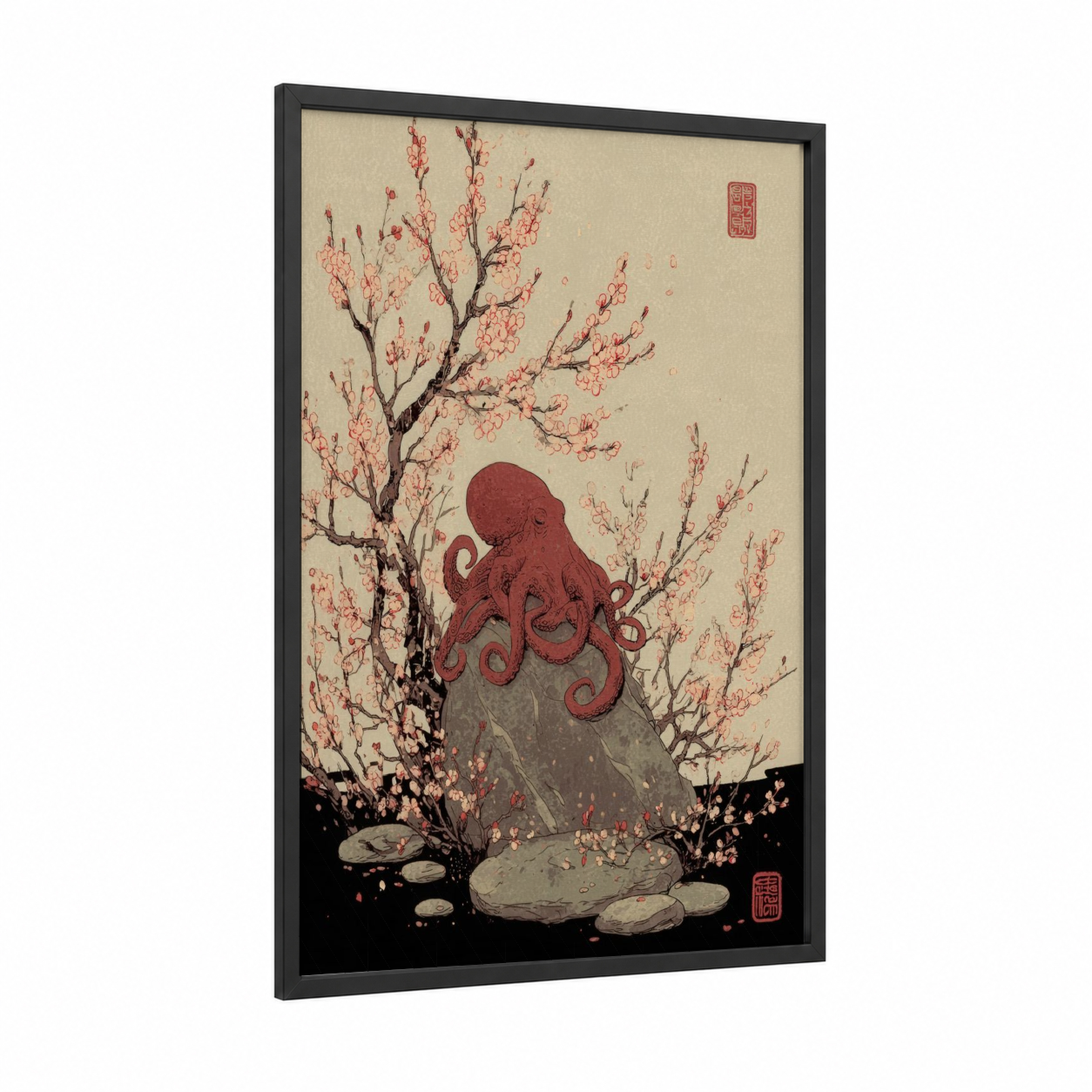Contemplative Octopus framed art print — black wood frame — cream and rose gold palette