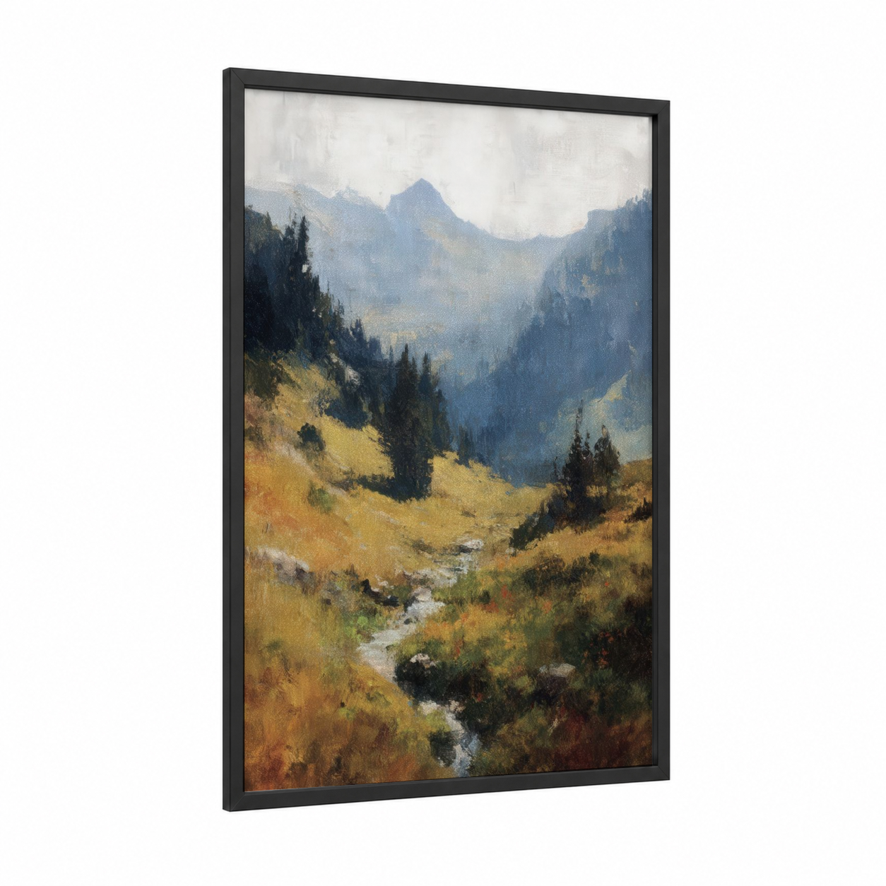 Alpine Valley Stream framed alps print — black wood frame — blue and gold palette