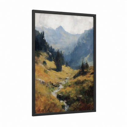 Alpine Valley Stream framed alps print — black wood frame — blue and gold palette