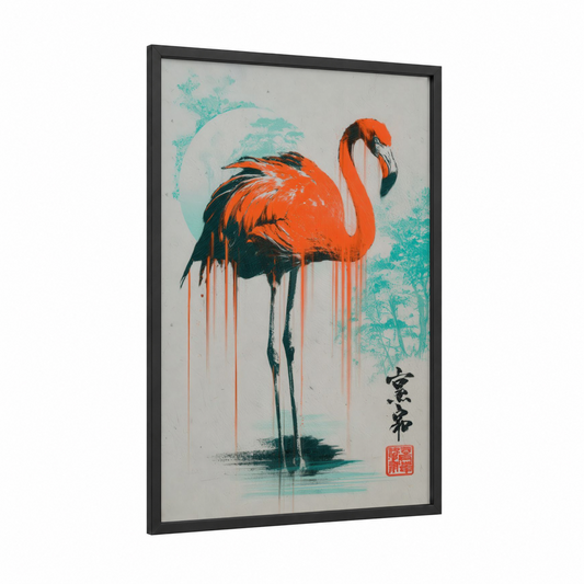 Crimson Flamingo framed art print — black wood frame — red and turquoise palette