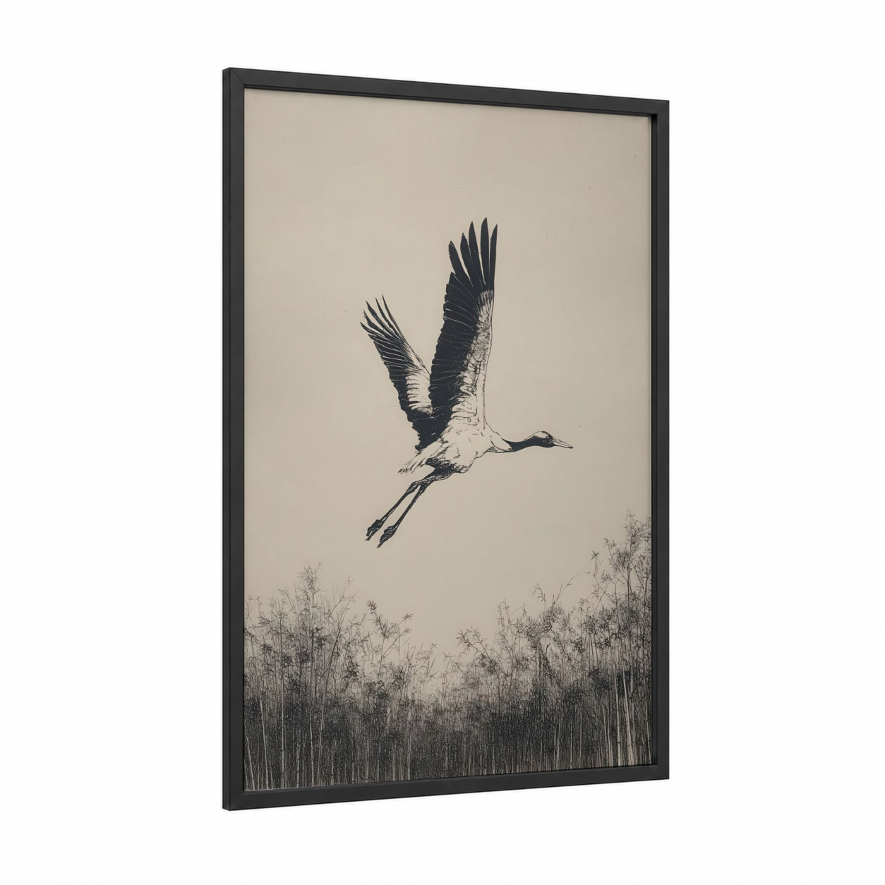 Ascending Crane framed art print — black wood frame — black and white and beige palette