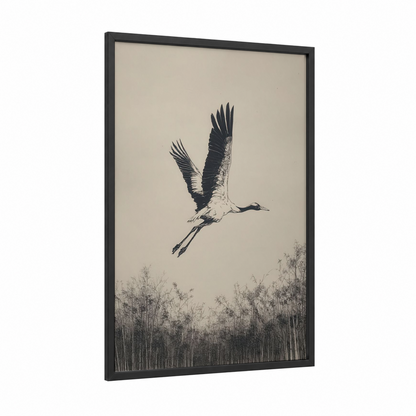 Ascending Crane framed art print — black wood frame — black and white and beige palette