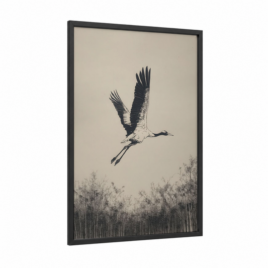Ascending Crane framed art print — black wood frame — black and white and beige palette