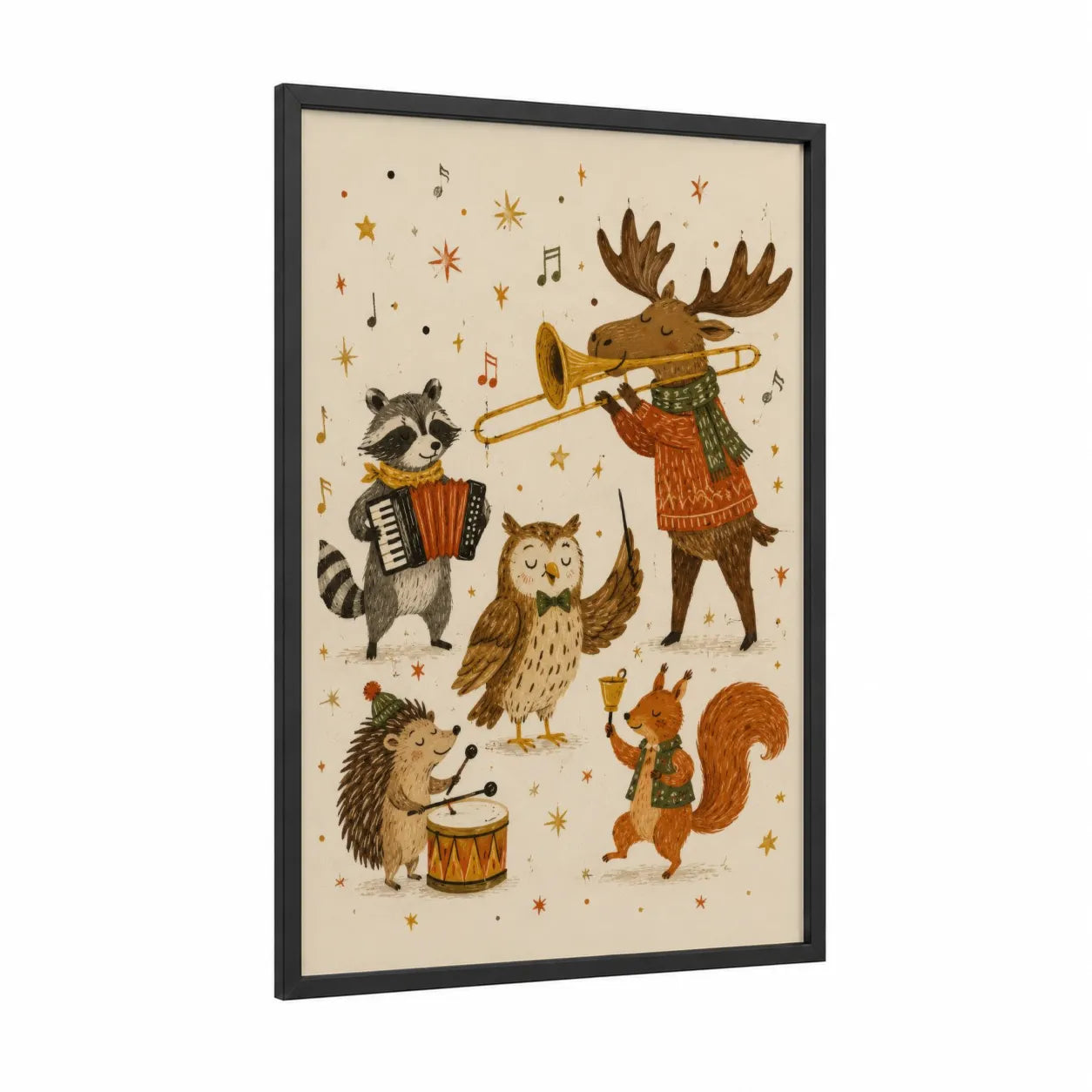 Woodland Animal Band Wall Art framed moose print — black wood frame — beige and brown palette