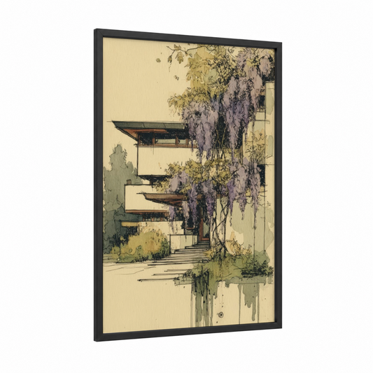 Wisteria Cascades framed art print — black wood frame — sage green and lavender palette