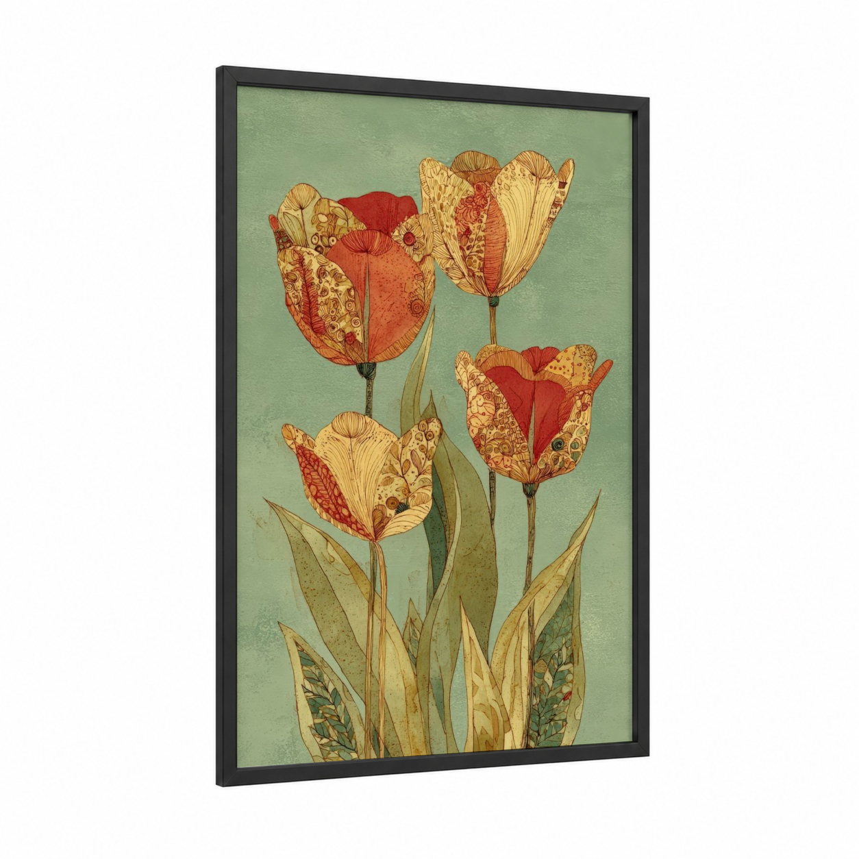 Ornate Tulips framed art print — black wood frame — sage green and gold palette