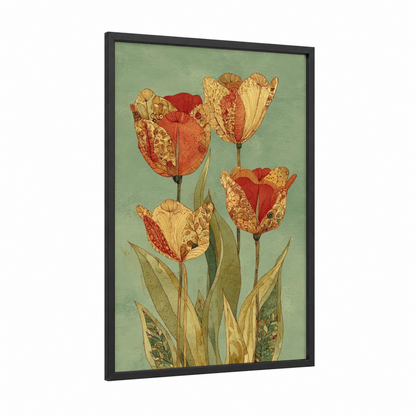 Ornate Tulips framed art print — black wood frame — sage green and gold palette