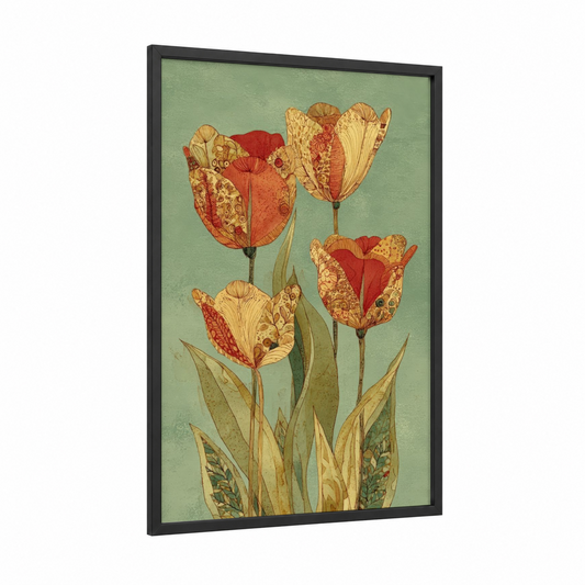 Ornate Tulips framed art print — black wood frame — sage green and gold palette