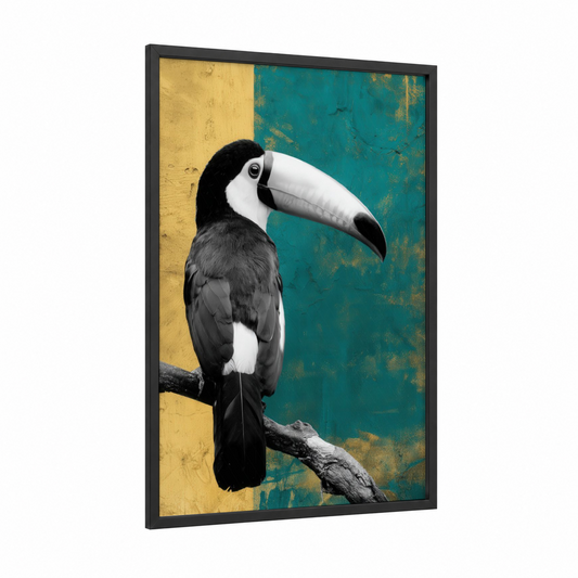 Tropical Toucan Portrait framed art print — black wood frame — teal and gold palette
