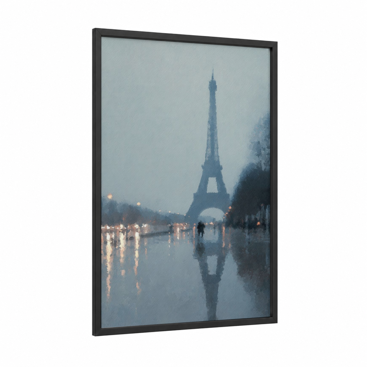Rainy Paris framed eiffel tower print — black wood frame — gray and blue palette