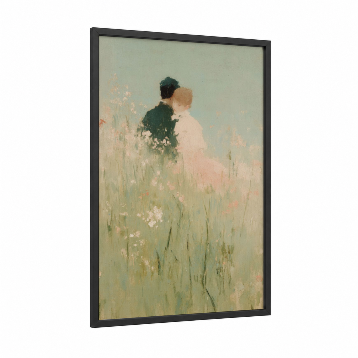 Meadow Romance framed couple print — black wood frame — cream and light green palette
