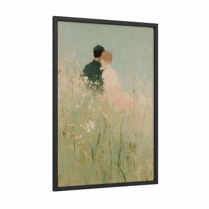 Meadow Romance framed couple print — black wood frame — cream and light green palette