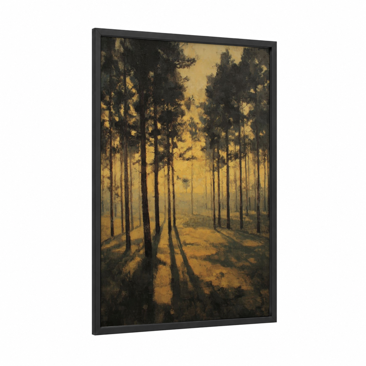 Golden Pine Forest framed art print — black wood frame — yellow gold and black palette