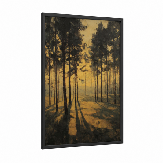 Golden Pine Forest framed art print — black wood frame — yellow gold and black palette