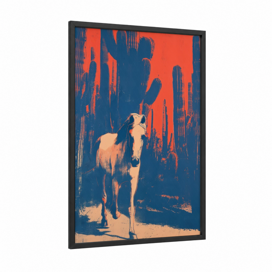 Desert Arabian framed arabian horse print — black wood frame — orange and dark blue palette