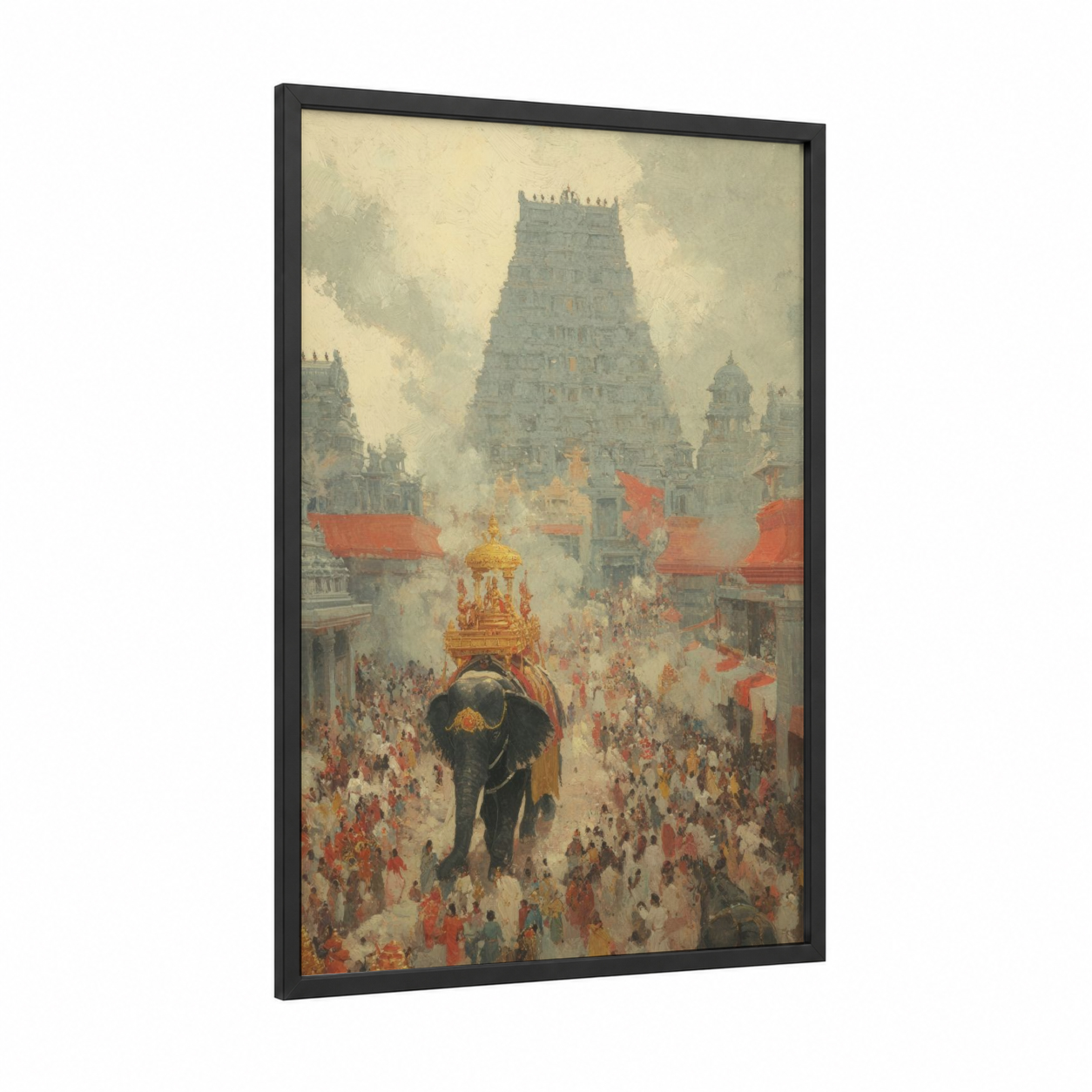 Temple Procession framed hinduism print — black wood frame — gold and cream palette