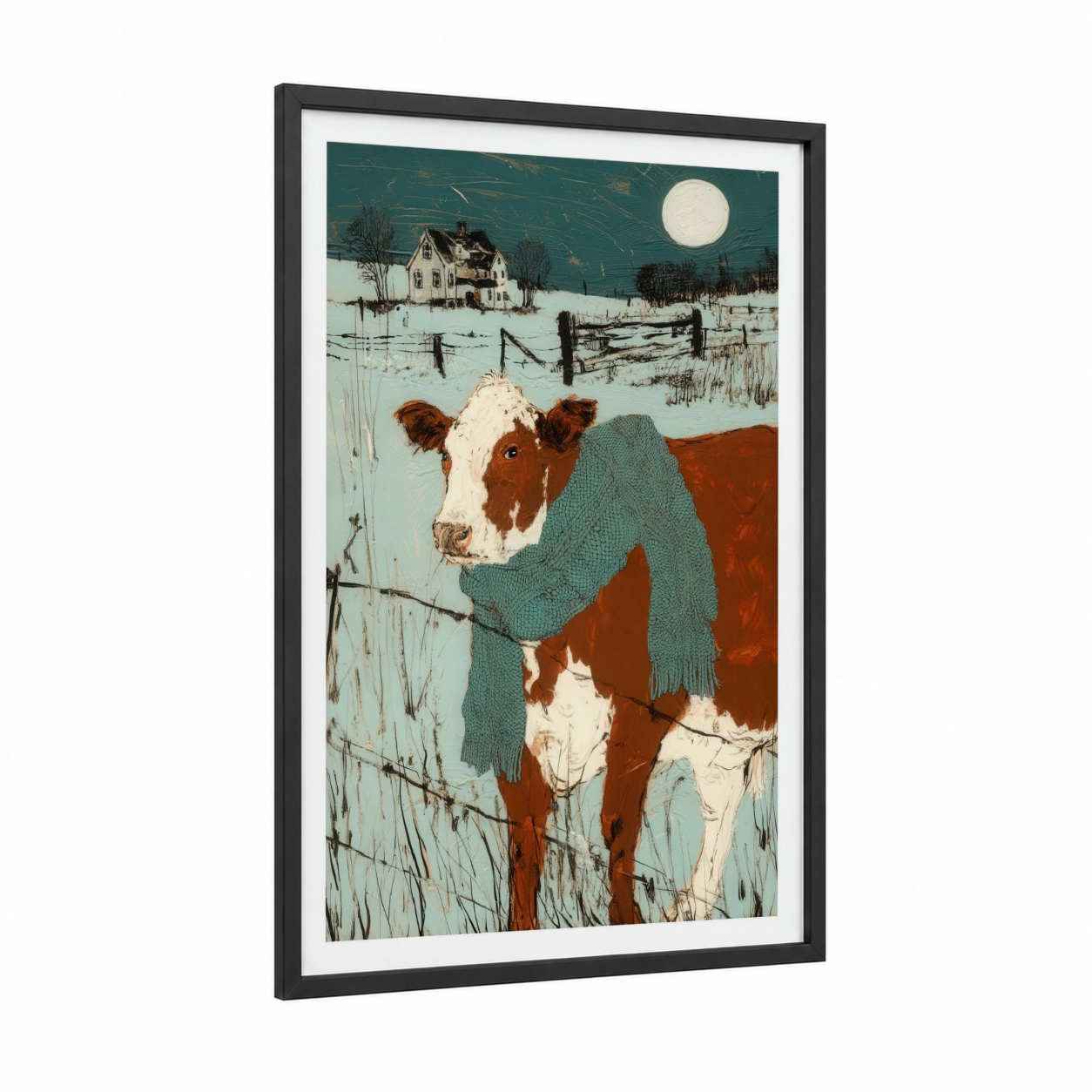 Cozy Hereford Winter framed hereford cow print — black wood frame — teal and russet palette