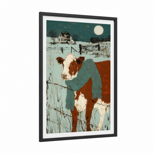 Cozy Hereford Winter framed hereford cow print — black wood frame — teal and russet palette