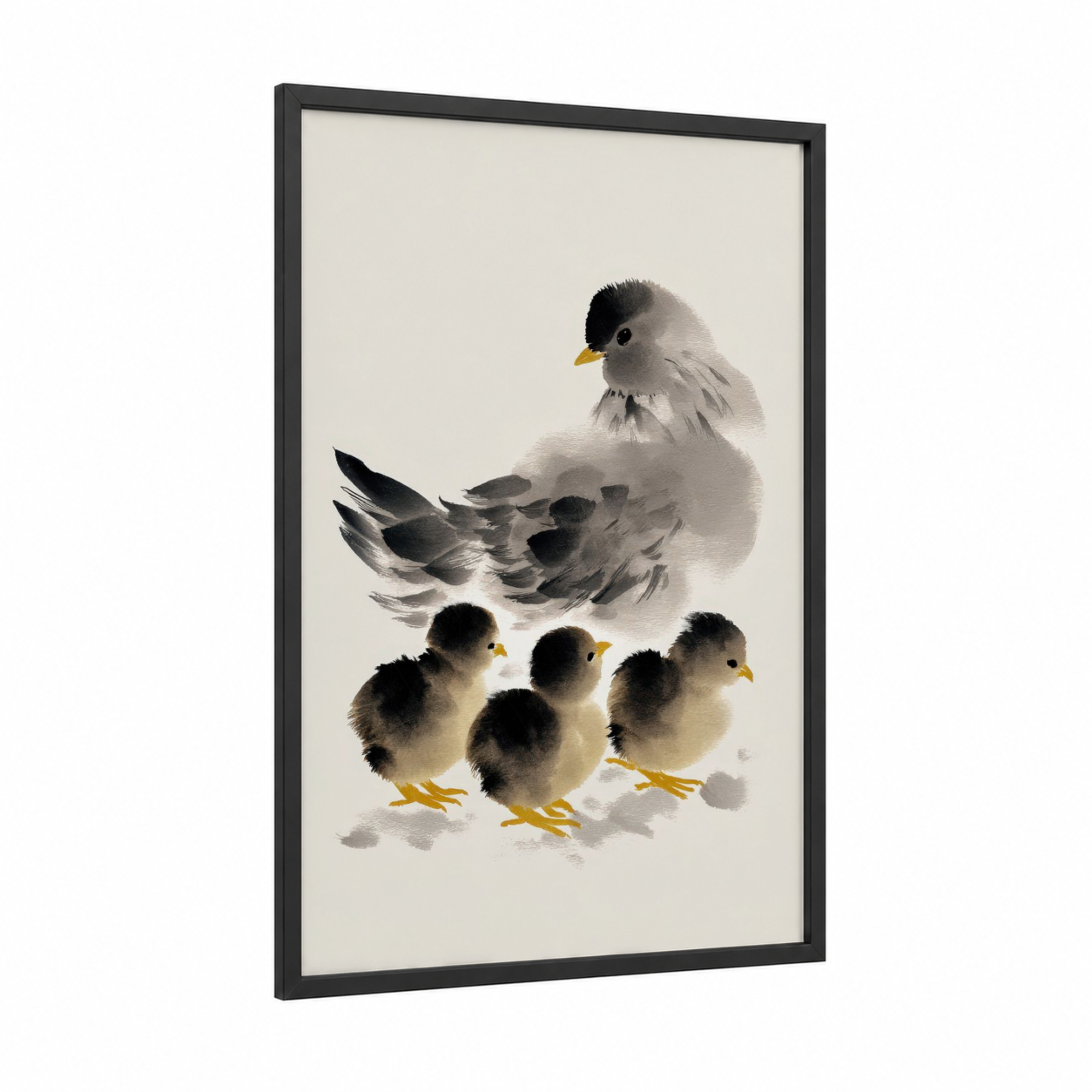 Mother Hen Chicks framed chicken and roosters print — black wood frame — black and white and cream palette