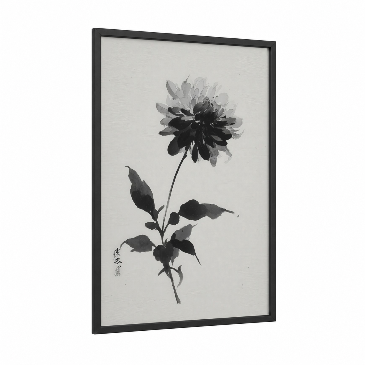 Monochrome Dahlia framed art print — black wood frame — black and white and gray palette