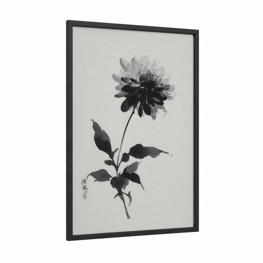 Monochrome Dahlia framed art print — black wood frame — black and white and gray palette