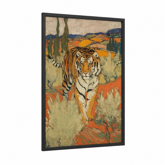 Tuscan Tiger framed art print — black wood frame — orange and gold palette
