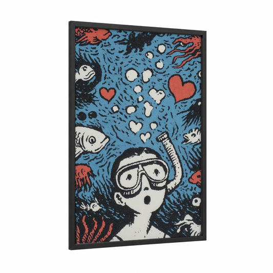 Underwater Explorer framed snorkeling print — black wood frame — blue and red palette