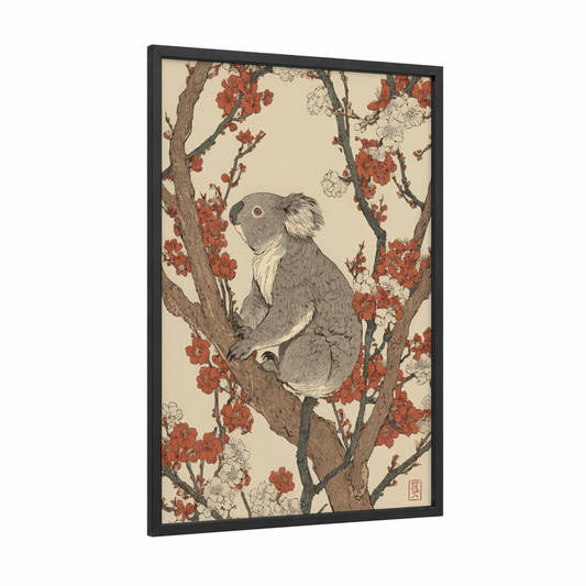 Blossoming Koala framed art print — black wood frame — cream and russet palette
