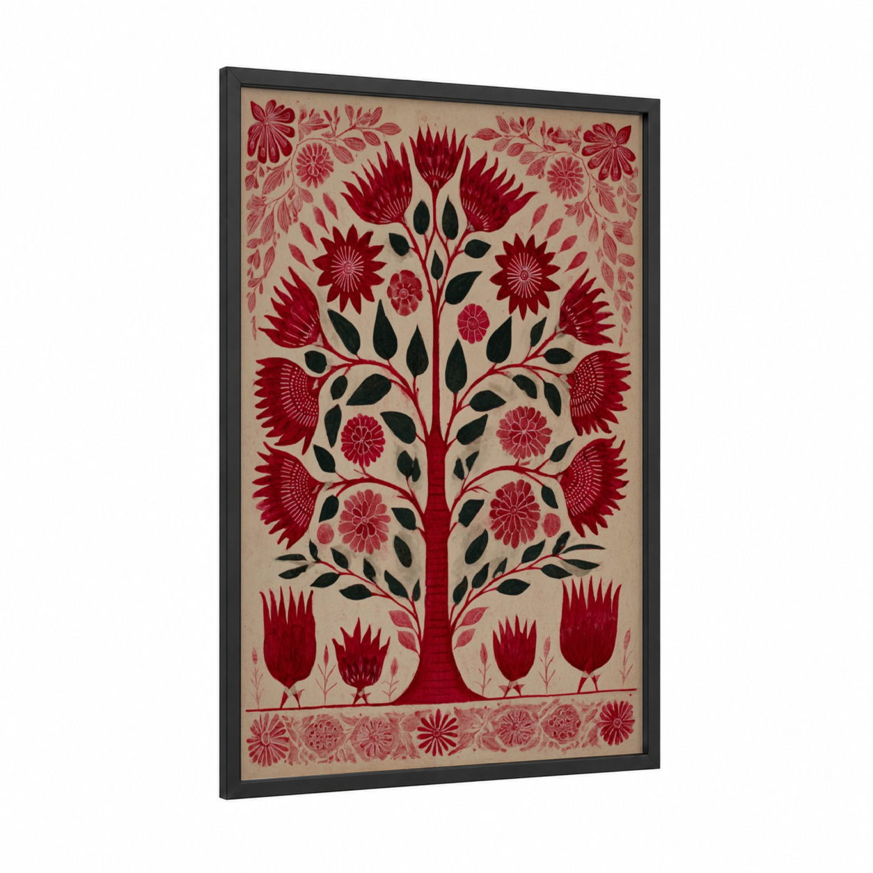 Symmetrical Botanical Tree framed abstract flower print — black wood frame — maroon and black and white palette