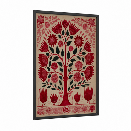 Symmetrical Botanical Tree framed abstract flower print — black wood frame — maroon and black and white palette