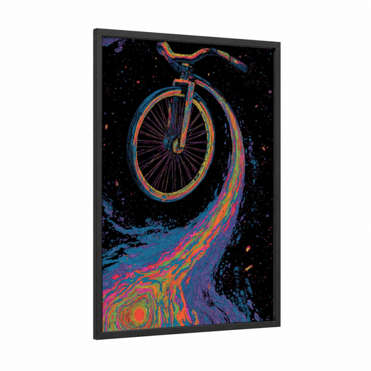 Cosmic Unicycle framed art print — black wood frame — magenta and blue palette