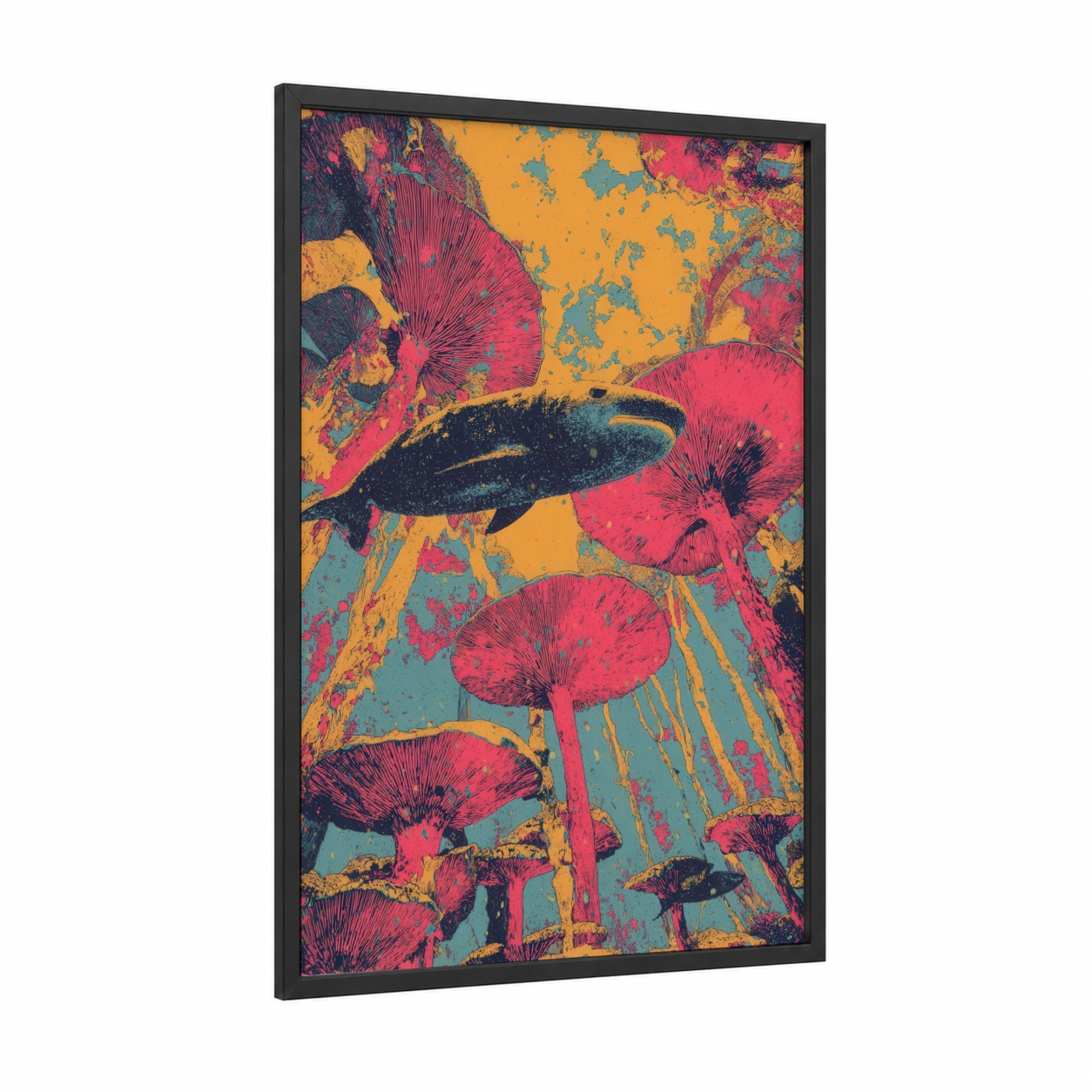 Vibrant Wahoo framed art print — black wood frame — magenta and gold palette
