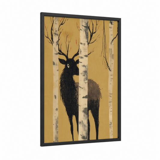 Golden Elk Forest framed art print — black wood frame — yellow gold and black and white palette