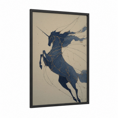 Celestial Unicorn framed unicorns print — black wood frame — dark blue and gold and white palette
