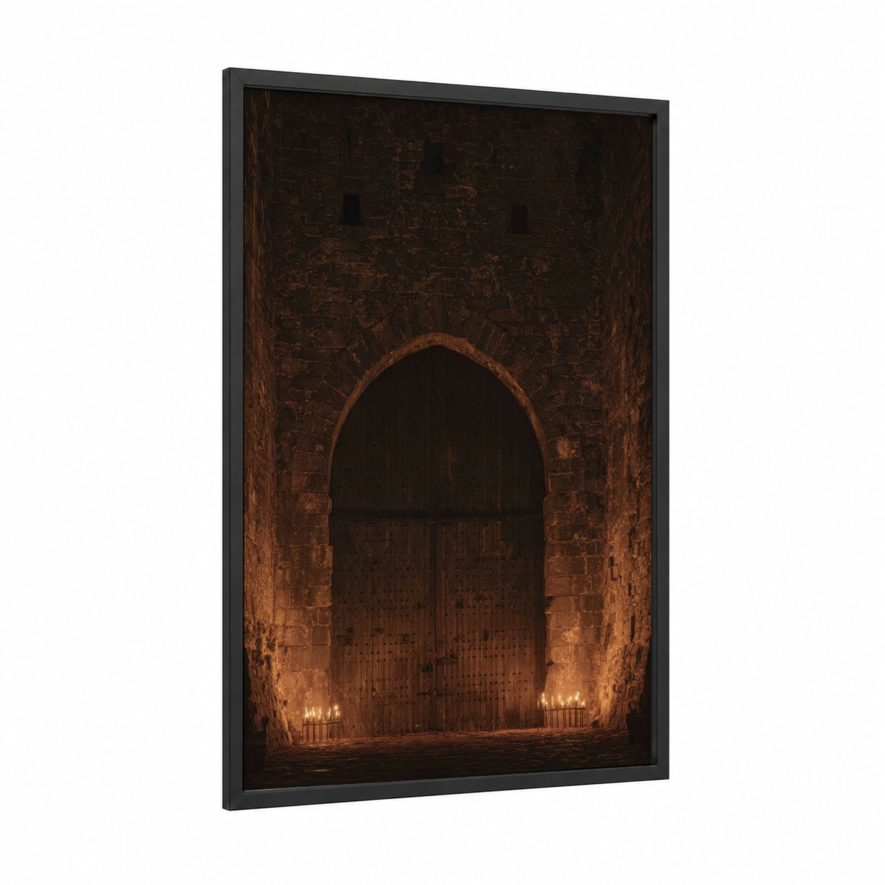 Medieval Stone Gate framed art print — black wood frame — black and russet palette