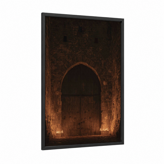 Medieval Stone Gate framed art print — black wood frame — black and russet palette