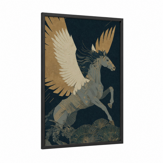 Golden Pegasus framed art print — black wood frame — gold and dark blue palette