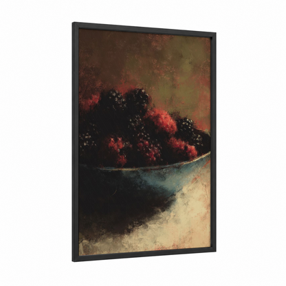 Pomegranate Harvest framed fruit print — black wood frame — red and brown palette