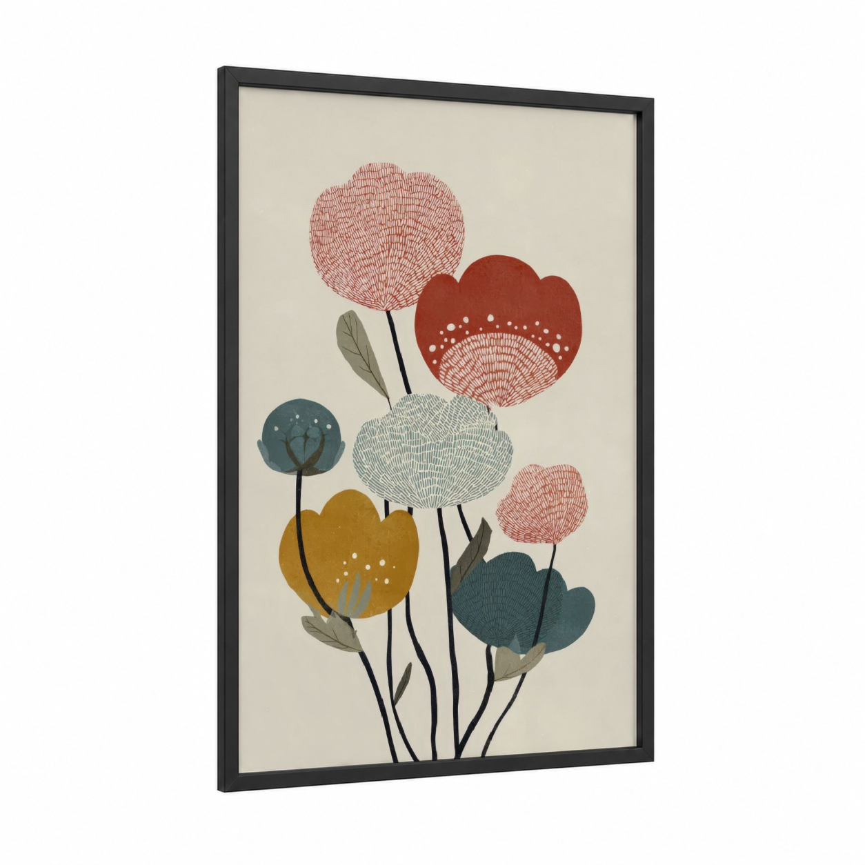 Modern Ranunculus framed art print — black wood frame — russet and cream palette
