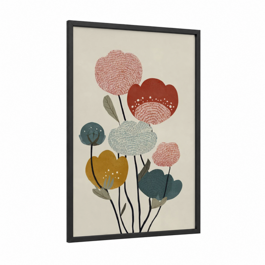 Modern Ranunculus framed art print — black wood frame — russet and cream palette