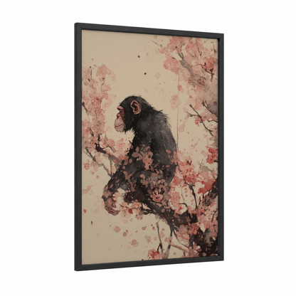 Blossoming Chimpanzee framed art print — black wood frame — beige and salmon pink palette