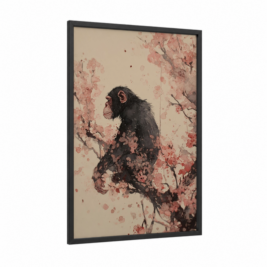 Blossoming Chimpanzee framed art print — black wood frame — beige and salmon pink palette