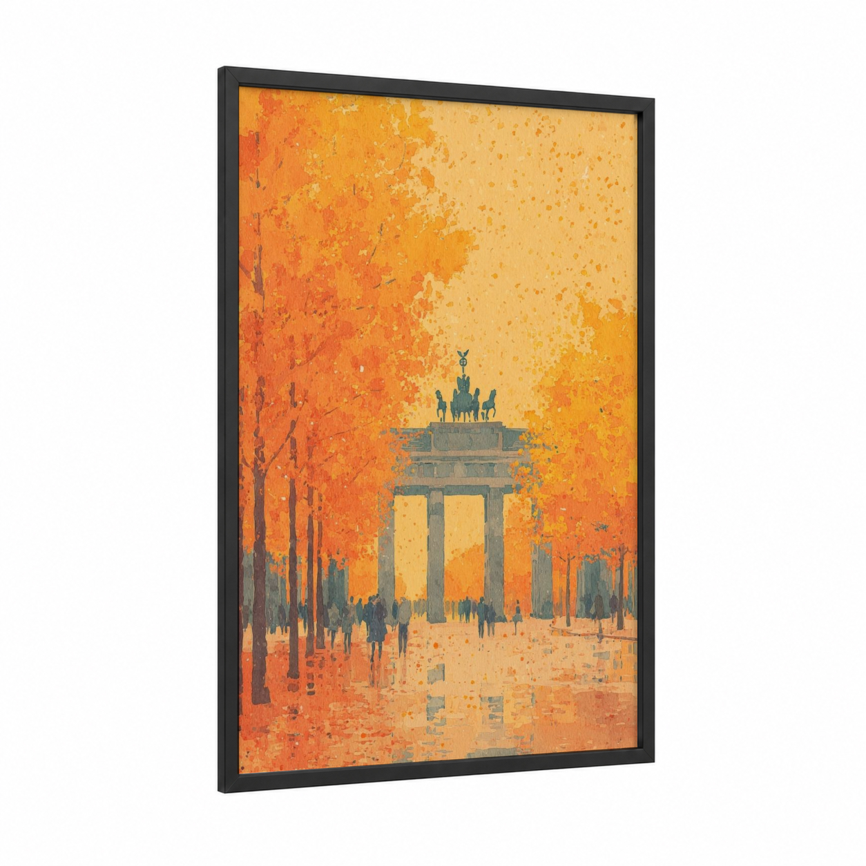 Autumn Brandenburg Gate framed monuments print — black wood frame — orange and gold palette