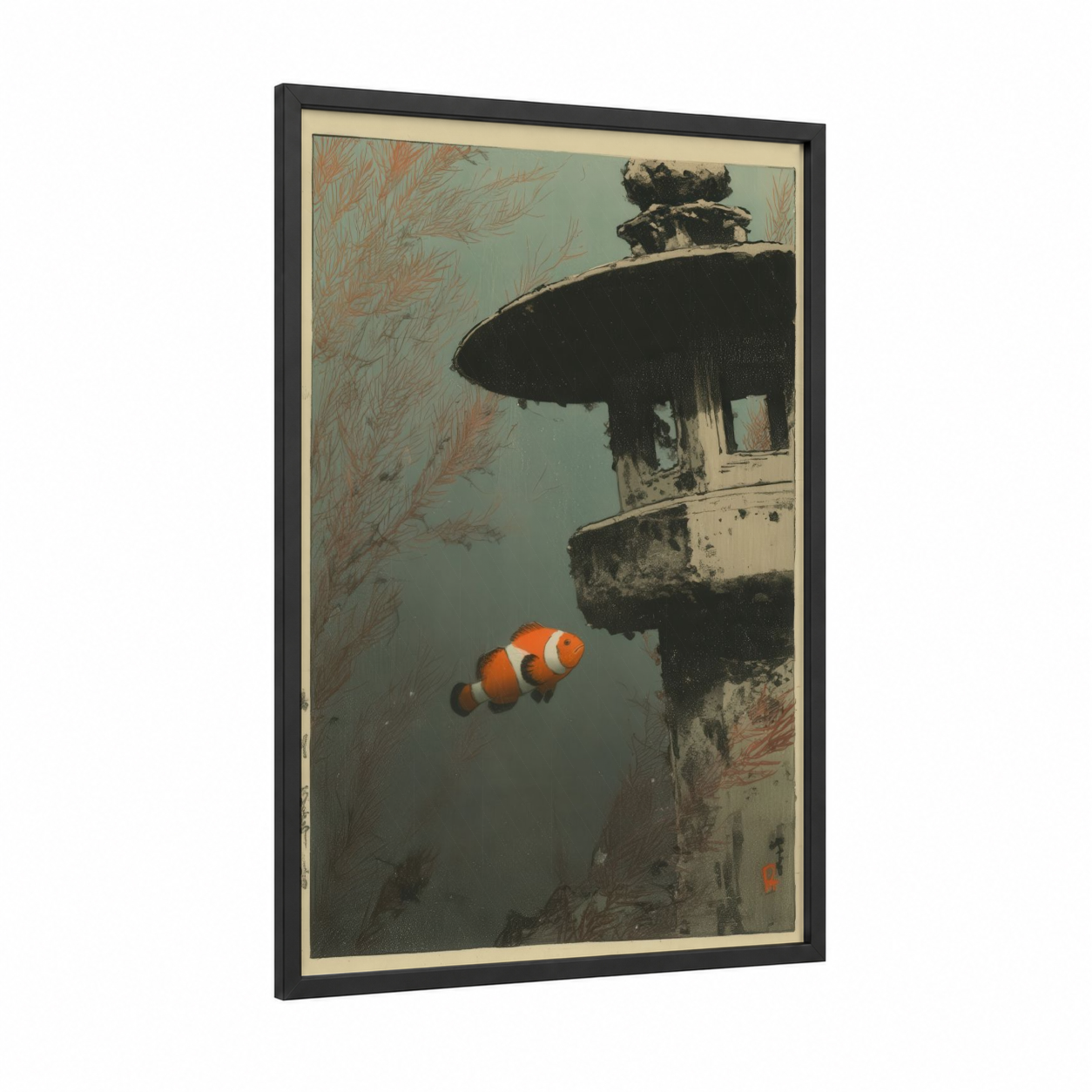 Clownfish Ruins framed clown fish print — black wood frame — teal and orange palette