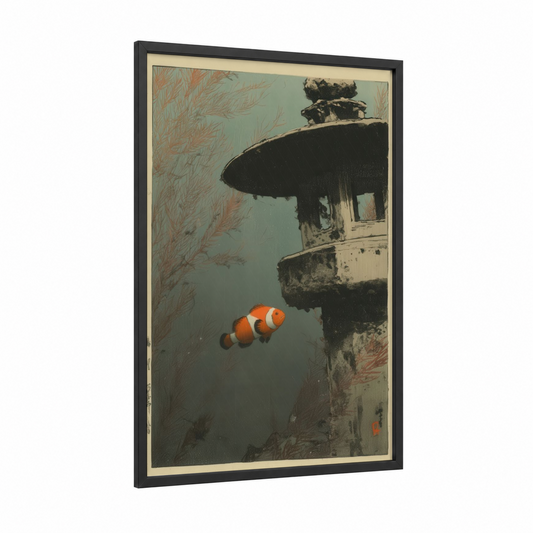 Clownfish Ruins framed clown fish print — black wood frame — teal and orange palette