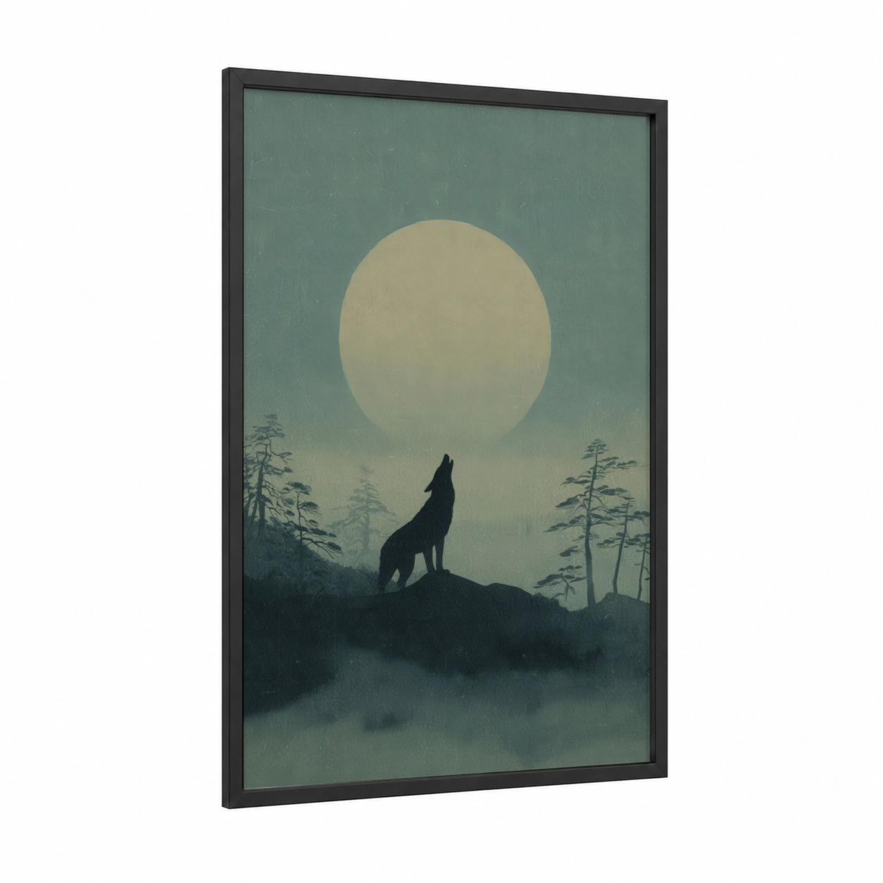 Moonlit Coyote framed art print — black wood frame — sage green and cream palette