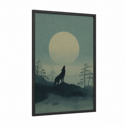 Moonlit Coyote framed art print — black wood frame — sage green and cream palette